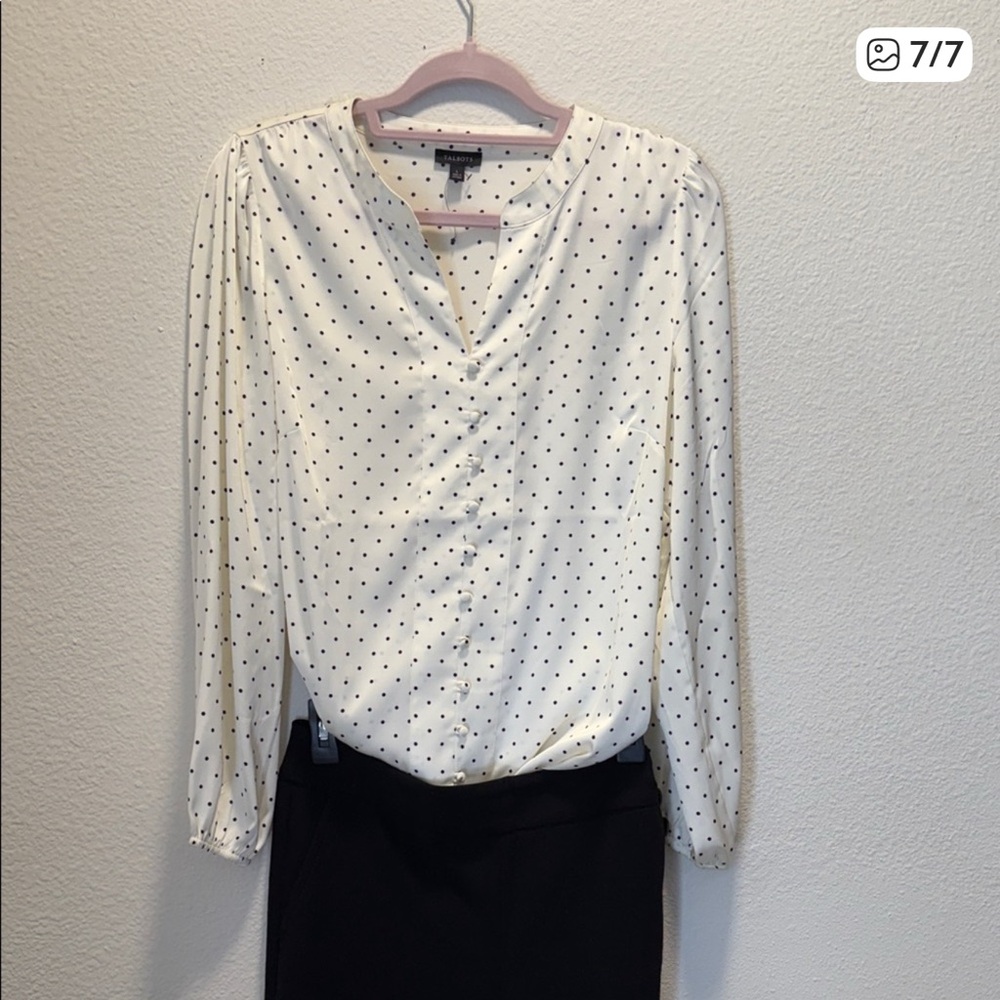 Talbots White Blouse with Black Polka Dots